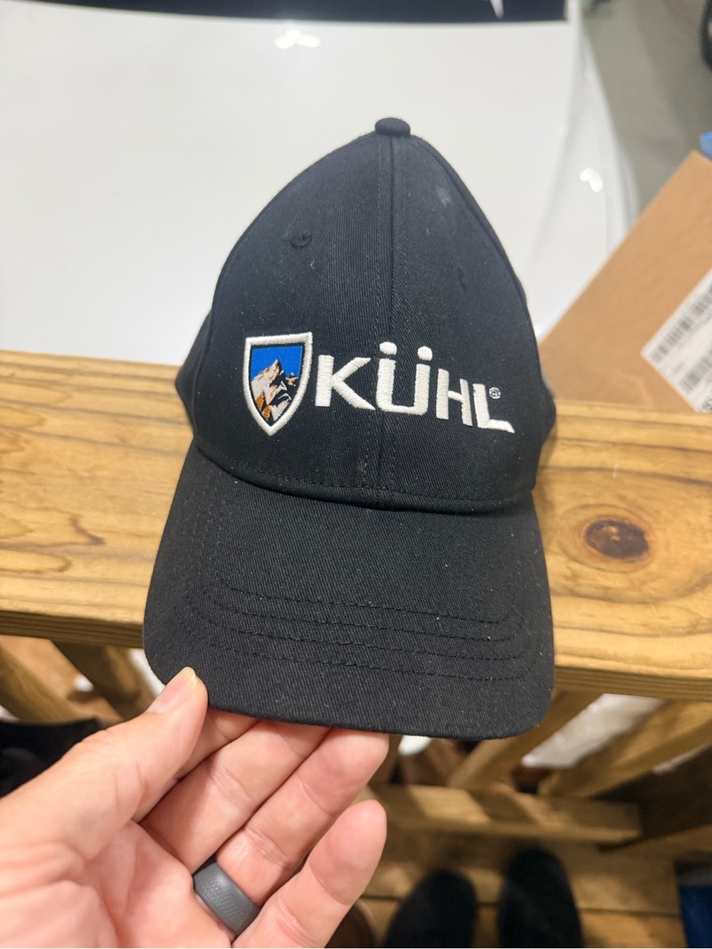 Mens "Kuhl" Size S/M Black Baseball Cap with White Logo and Blue Shield COOL GUC